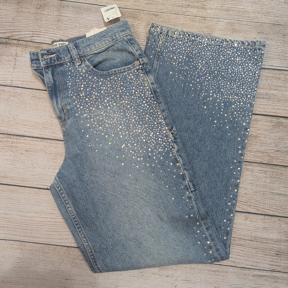 Free People Tinsley Rhinestone Baggy Fit High Rise Straight Leg Jeans Blue